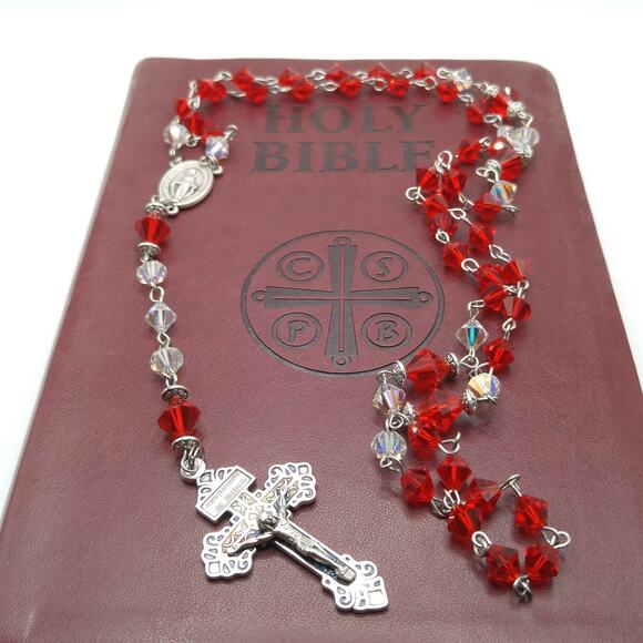 Vintage Red Clear Crystal Rosary, Pardon Crucifix, Hand Wire Wrapped - Picture 2 of 10